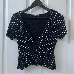 Boohoo wrap polka dot blouse
